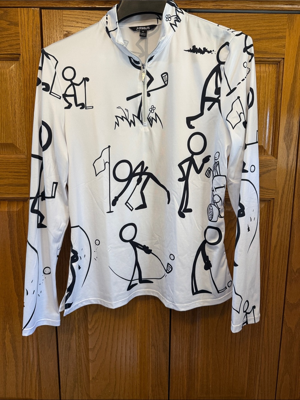 CEGOLFS White Long-Sleeve Golf Print-Stretch Fabric Zip Top-Medium